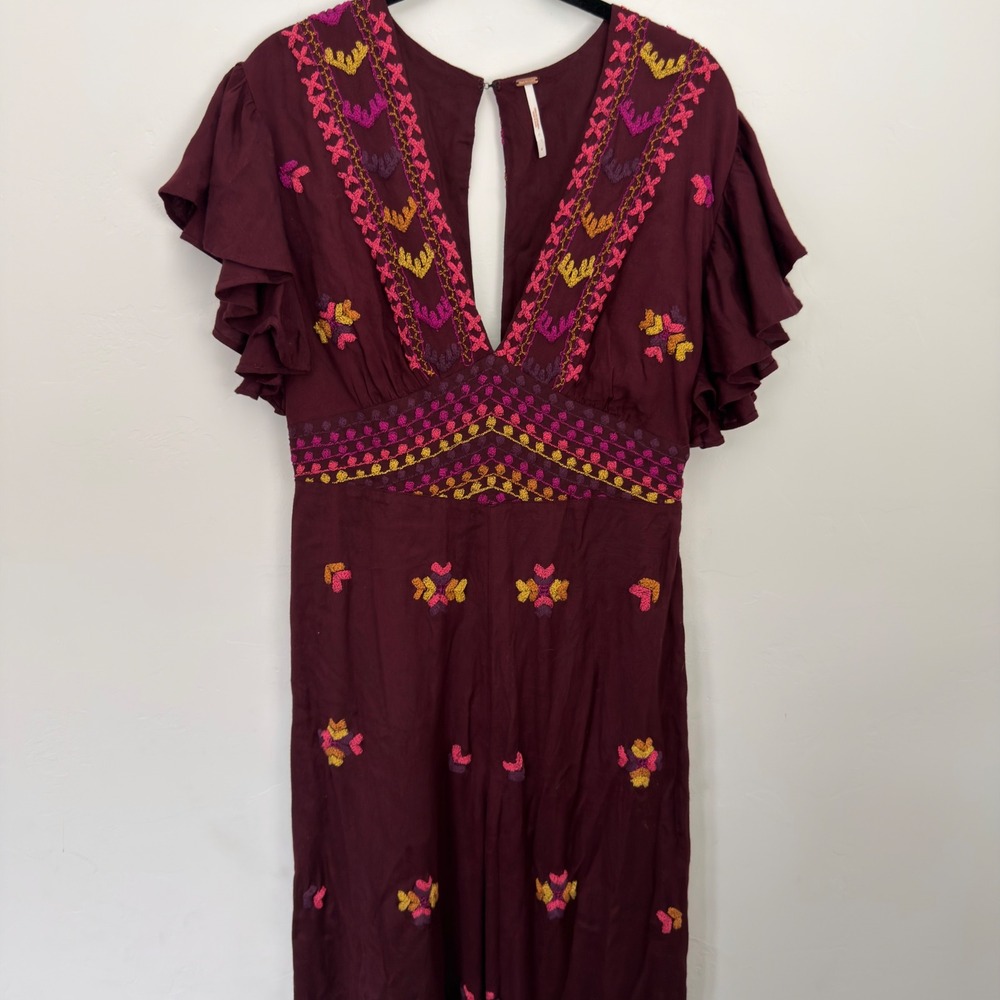 Free People Embroidered Jumpsuit Burgundy Flutter Sleeve Wide Leg Boho Women 4